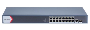Switch cu management Hikvision DS‑3E1518P‑EI/M, 16×Gigabit PoE + 1×Gigabit RJ45 + 1×Gigabit fibra, buget PoE 130 W, suport VLAN 802.1Q, economisire energie EEE, STP/RSTP, detectie cablu, DHCP snooping, protectie supratensiune 6 kV