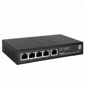 Switch Gigabit PoE Level1 GES-2105P Smart Lite Hilbert, 4 porturi PoE+ 802.3at/af, 1 uplink Gigabit, buget putere 60W, management L2 Web, PoE Watchdog, protectie descarcari 4kV, suport 250m Long-range PoE, fanless