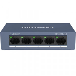 Switch Hikvision DS-3E0105-O, 5 porturi Fast Ethernet 10/100 Mbps, instalare Plug-and-Play, carcasa metalica rezistenta, montaj pe birou sau perete, design compact si elegant, fara management, fiabilitate sporita