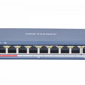 Switch PoE HikVision DS-3E0109P-E(C) unmanaged, 8 porturi Fast Ethernet PoE + 1 port Uplink, transmisie Long Range pana la 300m, protectie supratensiune 6KV, management inteligent consum, port VIP, alimentare 8-core