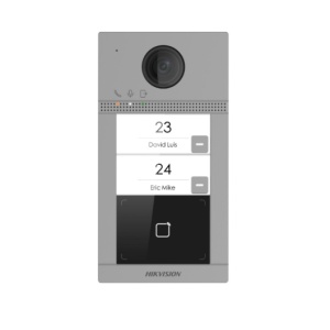 Videointerfon IP Hikvision DS‑KV8213‑WME1(C)/Flush 2MP cu IR, 2 butoane nametag pentru apelare usoara, cititor card integrat, alimentare PoE standard, carcasa metal aluminiu, IP65 & IK08, control mobil Hik‑Connect APP