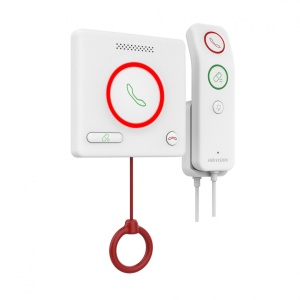 Buton de apelare medicala Hikvision DS-KHH6020-H, sistem Linux, operare buton fizic + handset, 4 intrari alarma, RJ45, DC12V/private POE, consum ≤4W, IPX5, 86×86mm