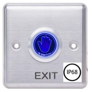 Buton de iesire cu infrarosu No Touch, waterproof IP68, incastrabil, ND-EB35, contact NO/NC, material otel inoxidabil, LED bi-color albastru-verde, distanta actionare 10cm, dimensiuni 86 x 86 x 20 mm, control acces