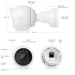 Camera supraveghere exterior Ubiquiti UniFi 4MP UVC-G5-Bullet 2K HD, senzor 5MP, alimentare PoE, detectie inteligenta AI persoane si vehicule, vizualizare nocturna IR 9m, microfon inclus, protectie IP55 si IK04, montaj perete/stalp - Img 5