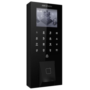 Cititor amprente si carduri M1 HikVision DS-K1T807MBFWX-E1, tastatura, ecran 2.4 inch, Wi-Fi, 5000 amprente, 5000 carduri, 150000 evenimente, RS-485, Wiegand, USB, PoE, IP65, alarma 2 in/1 out, alimentare 12VDC