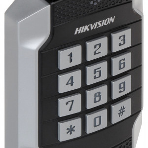 Cititor de carduri Pro HikVision DS-K1104MK, tehnologie Mifare 1 (M1), tastatura mecanica, carcasa metalica din aliaj de zinc, protectie antivandal IK10, interfata RS-485 si Wiegand, beeper incorporat, protectie IP65