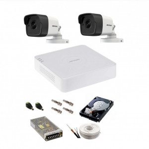 Kit complet supraveghere 5 MP Hikvision Turbo HD cu 2 camere Bullet IR 20 m,alimentatori, cabluri, mufe, HDD 500 Gb, vizualizare pe internet