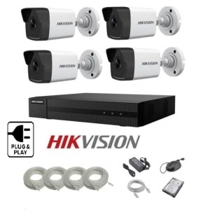 Kit supraveghere video complet, Plug&Play, IP, NVR cu 4 camere tip bullet, smart IR 30m, 1TB, Hikvision