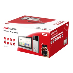 Kit videointerfon IP HikVision DS‑KIS613‑S 4 MP 2688×1520, post exterior cu camera IR până la 3 m, unghi 150°, PoE/Wi‑Fi, Bluetooth & card M1, monitor interior 7″ color, două relee yala, Hik‑Connect, H.265/H.264