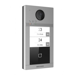 Post exterior videointerfon HikVision Villa 2MP DS-KV8213-WME1, 2 butoane apel, Wi-Fi, cititor card Mifare incorporat, carcasa aliaj aluminiu, protectie IP65 si IK08, alimentare PoE/12V, camera HD cu IR, design metalic