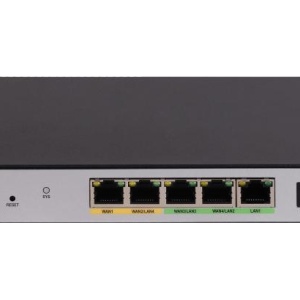 Router smart gestionabil HikVision DS‑3WG105G‑SI, 2 porturi Gigabit WAN (1 comutabil LAN), 3 porturi Gigabit LAN (2 comutabile WAN), throughput 1000 Mbps, suport VPN (IPsec, L2TP), firewall, DDoS, filtrare IP/MAC/URL, ARP defending