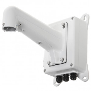 Suport de colt HikVision DS-1602ZJ-BOX pentru camere supraveghere, material aliaj de aluminiu si otel, cutie de jonctiune integrata pentru cabluri, culoare alb Hikvision, montaj robust pe colt exterior