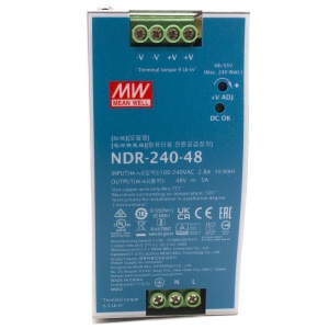 Sursa alimentare industriala MeanWell NDR-240-48 240W 48V, pentru control industrial, automatizari fabrici si echipamente electromecanice, design compact pe sina DIN, protectie suprasarcina si scurtcircuit