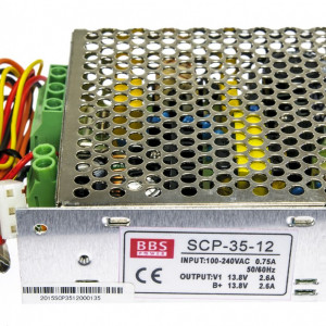 Sursa de alimentare in comutatie Mean Well SCP-35-12 cu functie de incarcare baterie, iesire 13.8V, curent 2.6A, putere 35.9W, protectie la supratensiune si suprasarcina, ideala pentru sisteme de securitate si backup 12V