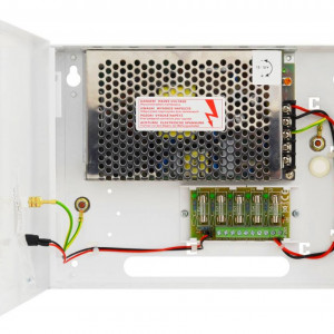 Sursa de alimentare in comutatie Pulsar PSDC05125T, 12V 5A cu 5 iesiri protejate de 1A, eficienta 80%, carcasa metalica 0.7mm, protectie la scurtcircuit si suprasarcina, ideala pentru sisteme CCTV si control acces