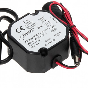 Sursa de alimentare Pulsar PSC12015, 12V DC, 1.5A, putere 18W, carcasa plastic cu protectie IP67 pentru exterior, protectie supratensiune si scurtcircuit, dimensiuni 58x28x58mm, cablu cu mufa DC 5.5/2.1 inclus, PSC12015