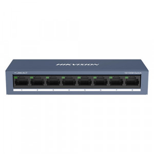 Switch Hikvision DS-3E0108-O, 8 porturi Fast Ethernet 10/100 Mbps, instalare Plug-and-Play, carcasa metalica rezistenta, montaj pe birou sau perete, design compact, eficienta energetica, fara management