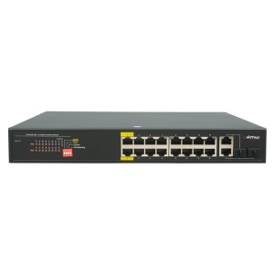 Switch PoE 16 porturi 10/100 + 2 Gigabit combo + 2 SFP KMW KM-PoE1602ES-AI-200 putere 200W, funcții AI (PoE Watchdog, QoS, Extend 250m, VLAN), protecție supratensiune 6KV, montare rackabilă