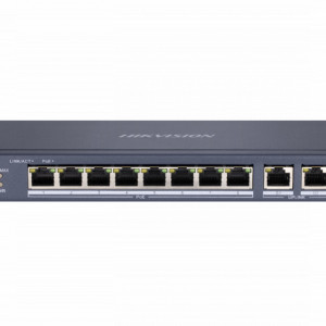 Switch PoE 8 Porturi HikVision DS-3E0310P-E/M, 10/100 Mbps, 2 porturi Gigabit Uplink, transmisie Long Range pana la 300m, putere totala 60W, protectie supratensiune 6KV, carcasa metalica, design fara ventilator