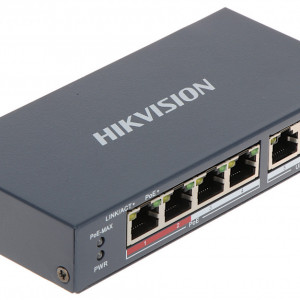 Switch PoE HikVision DS-3E0106P-E/M Unmanaged, 4 porturi Fast Ethernet PoE (35W total), 2 porturi Uplink RJ45, mod Extend pana la 300m, protectie supratensiune 6KV, carcasa metalica, design fanless, Plug & Play
