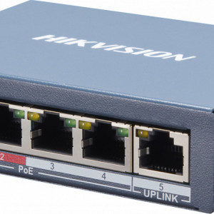 Switch PoE HikVision Smart Managed DS-3E1105P-EI, 4 porturi Fast Ethernet PoE (60W), 1 port Uplink RJ45, PoE Watchdog, mod Extend 300m, protectie 6KV, management L2 (VLAN/STP), detectie erori cablu