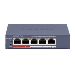 Switch PoE unmanaged Hikvision DS-3E0105P-E/M(C), 4×PoE + uplink 10/100 Mbps, intelligent PoE management, long‑range PoE 300 m, IEEE802.3af/at, protectie 6 kV pentru camere IP