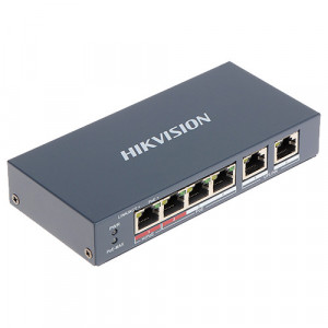 Switch PoE unmanaged HikVision DS-3E0106HP-E, 4 porturi Fast Ethernet PoE, 2 porturi Uplink, transmisie Long Range pana la 300m, protectie supratensiune 6KV, management inteligent PoE, alimentare 8-core, prioritate VIP port