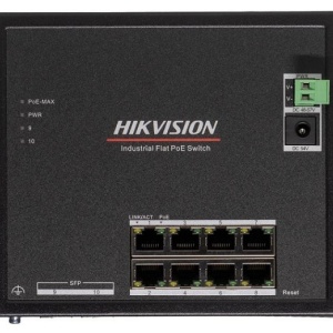 Switch rețea industrial flat PoE HikVision DS-3T1510P-SI-FLT/NPU, 10 porturi (8x Gigabit RJ45 și 2x SFP), VLAN, ACL, DHCP snooping, STP/ERPS, design pentru temperatură extremă -40°C până la 75°C