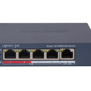 Switch retea PoE Hikvision DS‑3E1105P‑EI, 4 porturi PoE 10/100 Mbps, 1 port RJ45 uplink, PoE 802.3af/at, power budget 60W, smart managed, long range 300m, VLAN, metal, desktop/wall‑mount