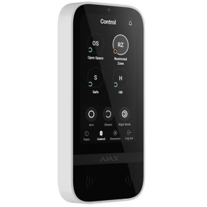 Tastatura touchscreen wireless AJAX KeyPad TouchScreen (White), control intuitiv sistem alarma, ecran tactil, iluminare butoane, cod PIN, anti‑sabordaj, compatibila cu hub Ajax, blocare automata si instalare usoara
