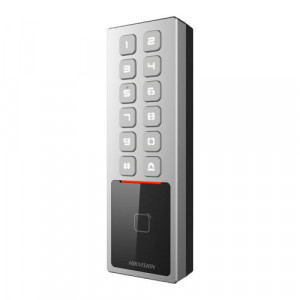 Terminal control acces IP Hikvision DS-K1T805MX, cititor carduri Mifare, tastatura PIN, capacitate 10.000 carduri, control prin Hik-Connect, configurare Web, protectie IP65 si IK08, carcasa metalica, design compact, culoare argintiu