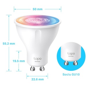 Bec LED inteligent TP‑Link Tapo L630 GU10, Wi‑Fi, 16 milioane culori, temperatura reglabila 2200‑6500K, 350 lumeni, control vocal Alexa/Google, programare si timer, control grup, fara hub, configurare simpla, economie energie