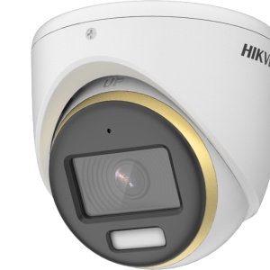 Camera supraveghere analogica HikVision turret 2MP DS‑2CE70DF3T‑MFS(2.8mm) ColorVu Audio, imagini color 24/7 cu F1.0, WDR 130 dB, 3D DNR, IR alb 20 m, microfon integrat, semnal TVI/AHD/CVI/CVBS switchable, rezistenta IP67