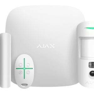 Kit alarma wireless AJAX StarterKit Cam (White), Hub cu Ethernet si GSM, camere video integrate, detector miscare, detector deschidere, telecomanda SpaceControl, notificari SMS/Push, tehnologie Jeweller, pana la 100 dispozitive