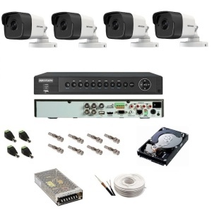 Kit complet 5 MP Hikvision Turbo HD cu 4 camere video, IR 20 metri, alimentatori, cabluri, mufe, HDD 1Tb, vizualizare pe internet