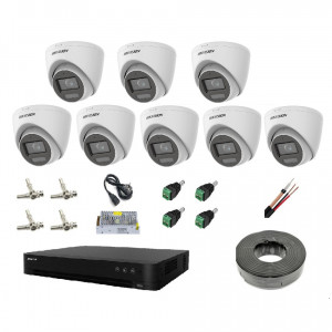 Kit supraveghere complet Hikvision 8CAM2MPHI2, 8 camere 2MP cu tehnologie Smart Hybrid Light, microfon incorporat, iluminare IR 20-40m, utilizare interior/exterior, include DVR si accesorii instalare, solutie completa pentru monitorizare video