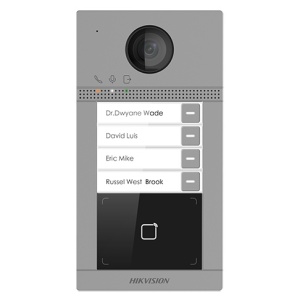 Post exterior videointerfon IP HikVision DS-KV8413-WME1(C) metalic cu 4 butoane, Wi-Fi, camera 2MP Full HD, cititor card Mifare, protectie IK08 si IP65, alimentare PoE, configurare Web, design din aluminiu
