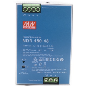 Sursa de alimentare industriala Hikvision NDR-480-48, tensiune DC 48V, putere nominala 480W, curent 10A, interval reglare 48-55V, protectie la supratensiune si supratemperatura, montaj pe sina DIN