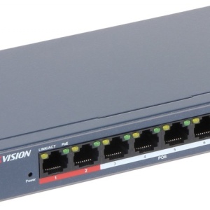 Switch de retea PoE Hikvision DS-3E0109P-E/M(C) unmanaged cu 8 porturi 10/100 Mbps PoE + 1 port uplink 10/100 Mbps, intelligent PoE management, transmisie PoE pana la 300 m, 8‑core adaptive power, protectie 6 kV si port VIP
