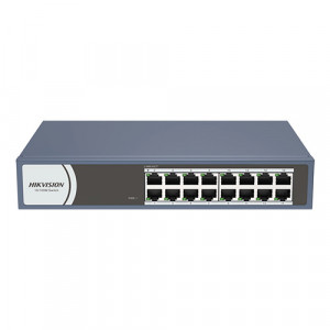 Switch Hikvision DS-3E0116R-O, 16 porturi Fast Ethernet 10/100 Mbps, instalare Plug-and-Play, carcasa metalica rezistenta, montaj pe perete, birou sau rack, eficienta energetica, design fara ventilator