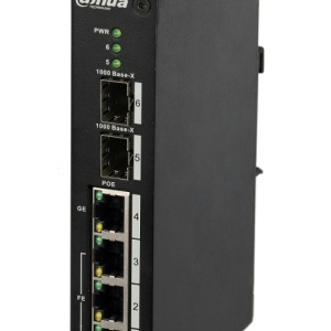 Switch industrial PoE Dahua 4 porturi DH-PFS3206-4P-96, Layer 2 unmanaged, suporta standarde IEEE802.3af/at si Hi-PoE, capacitate MAC 8K, cascada prin port SFP, design industrial pentru temperaturi extreme, putere totala 96W