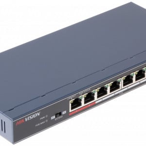 Switch PoE unmanaged HikVision DS-3E0109P-E, 8 porturi Fast Ethernet PoE, 1 port Uplink, transmisie pana la 300m, functia VIP port, protectie supratensiune 6KV, Intelligent PoE Management, carcasa metalica