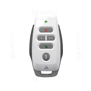 Telecomanda wireless REM25M cu 5 butoane, rezistenta la apa, iluminare fundal, semnal sonor, baterie CR2032 autonomie minim 2 ani, comunicatie 868 MHz, design compact alb/negru