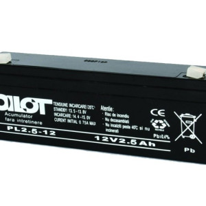 Acumulator plumb-acid Pilot PL2.5AH, tensiune 12V, capacitate 2.5Ah, borne tip T1, dimensiuni 177x34x64mm, greutate 950g, ideal pentru sisteme de backup UPS, centrale de efractie, sisteme de incendiu si echipamente de securitate