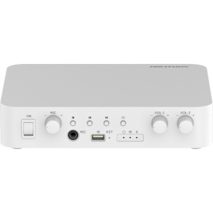 Amplificator IP doua zone 80W Hikvision DS-QAE1A80G1-VB/EU(B), USB/Bluetooth/MIC/RCA intrari, schedule/live/emergency broadcast, alarm linkage, TTS, 80Hz‑20kHz raspuns frecventa, 2 zone, RJ45, 24VDC