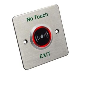 Buton deschidere usa HikVision DS‑K7P03 fara atingere, inox argintiu+negru, detectie 40–120 mm, LED, contact NO/NC, alimentare 12 VDC, 40 mA standby/70 mA functionare, 86×86×29 mm