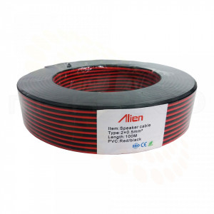 Cablu alimentare rosu-negru Alien MK026-CA050, sectiune 2x0.50mm, conductor aluminiu-cuprat, izolatie PO rezistenta, tensiune 300/500V, functionare pana la +70 grade Celsius, ideal pentru sisteme audio si curenti slabi, rola 10m