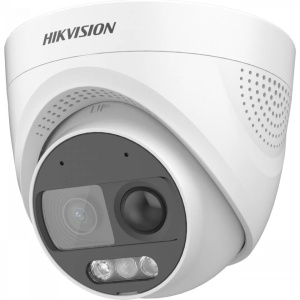 Camera supraveghere analogica Hikvision DS‑2CE72DF3T‑PIRXOS(3.6mm) 2MP Turbo‑HD ColorVu PIR cu WDR 130dB, lentila 3.6mm, iluminare alba 20m, detectie PIR corp uman, strobo si alarma audio, microfon si difuzor integrate, audio coaxial, IP67