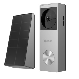 Camera supraveghere exterior Wi‑Fi cu sonerie EZVIZ HP3 PRO, rezolutie 2K, 2MP, detectare persoana si miscare, audio bidirectional, IP67, acumulator 5200 mAh cu panou solar inclus, stocare interna 32 GB eMMC, lentila 2.3 mm, aplicatie Android/iOS, gri