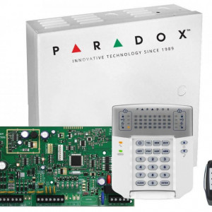Centrala efractie radio Paradox Magellan MG5000(CT)+K32++REM1, 32 zone, 2 partitii, include tastatura LED K32+, telecomanda REM1, cutie metalica AWO152 cu transformator, frecventa 433MHz, 2 intrari zone, 2 iesiri PGM, functie StayD